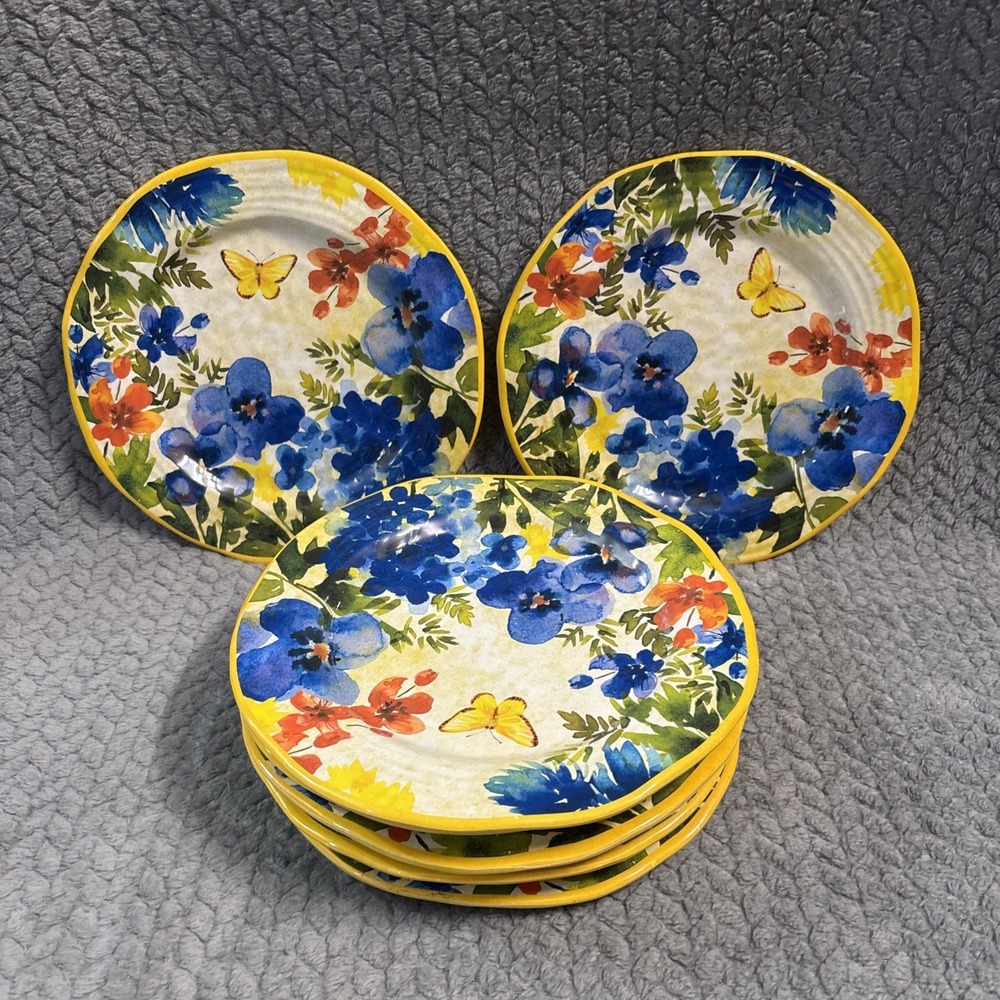 8 Pier 1 Imports Melamine 9' Salad Plates Butterfly Floral Yellow Scalloped Edge
